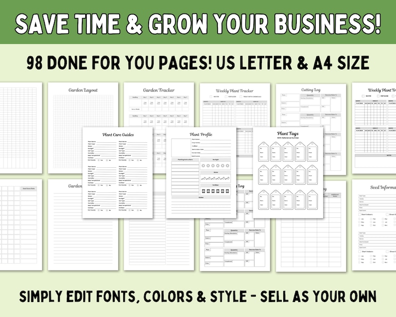 May include: A set of 98 printable pages for a gardening planner. The pages include sections for garden layout, plant care guides, plant profiles, plant tags, weekly plant trackers, cutting logs, and seed information. The pages are designed to be edited with fonts, colors, and styles.