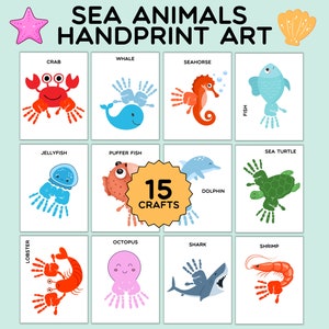 Lot de 15 oeuvres d'art empreintes de main d'animaux marins, carte d'activité pour chambre d'enfant pour la salle de classe crustacés, empreinte de main d'art pour bébé en bas âge, souvenir bricolage