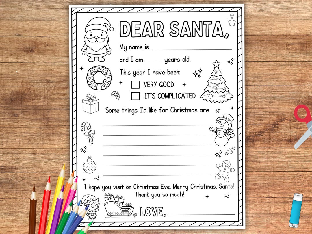 Dear Santa Letter Christmas Coloring Page, Kids Christmas Wishlist ...