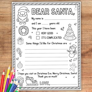 Caro Babbo Natale Lettera di Natale da colorare, Lettera dei desideri di Natale per bambini a Babbo Natale, Lista dei desideri di Natale stampabile per bambini a Babbo Natale in formato PDF