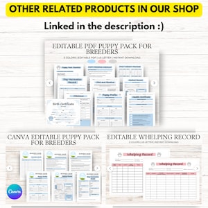 Puede incluir: Paquete de cachorros PDF editable para criadores con 3 colores, tama&ntilde;o carta de EE. UU. y descarga instant&aacute;nea. Paquete de cachorros editable de Canva para criadores con 3 colores, tama&ntilde;o carta de EE. UU. y descarga instant&aacute;nea. Registro de parto editable con 2 colores, tama&ntilde;o carta de EE. UU. y descarga instant&aacute;nea.