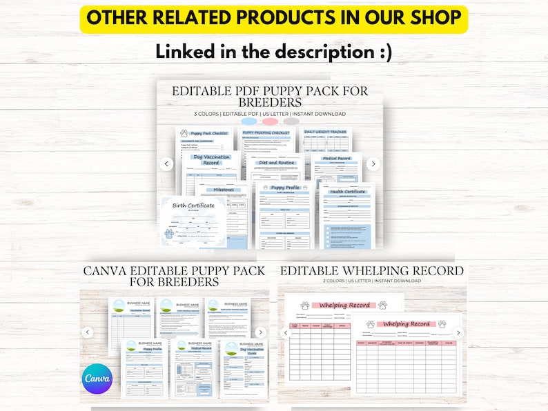 Puede incluir: Paquete de cachorros PDF editable para criadores con 3 colores, tama&ntilde;o carta de EE. UU. y descarga instant&aacute;nea. Paquete de cachorros editable de Canva para criadores con 3 colores, tama&ntilde;o carta de EE. UU. y descarga instant&aacute;nea. Registro de parto editable con 2 colores, tama&ntilde;o carta de EE. UU. y descarga instant&aacute;nea.