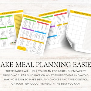 May include: Three printable worksheets for meal planning with a PCOS-friendly diet. The worksheets include a list of foods to avoid, a grocery shopping list, and a weekly meal planner. The text "MAKE MEAL PLANNING EASIER" is at the bottom of the image.