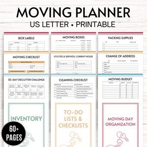 May include: A printable moving planner with 60+ pages, featuring checklists for packing, cleaning, decluttering, moving day organization, and a moving budget. The planner includes sections for box labels, moving boxes, packing supplies, utilities and services, change of address, and an inventory list.