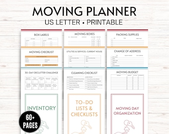 May include: A printable moving planner with 60+ pages, featuring checklists for packing, cleaning, decluttering, moving day organization, and a moving budget. The planner includes sections for box labels, moving boxes, packing supplies, utilities and services, change of address, and an inventory list.