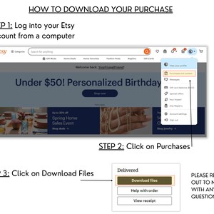 Screenshot of Etsy download instructions showing three steps: logging into Etsy account from computer, clicking on Purchases, and clicking Download Files button. Interface shows Etsy's header with search bar and user profile menu.