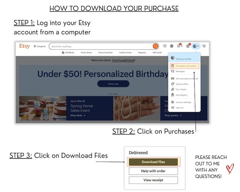 Screenshot of Etsy download instructions showing three steps: logging into Etsy account from computer, clicking on Purchases, and clicking Download Files button. Interface shows Etsy's header with search bar and user profile menu.