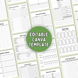 May include: A set of printable gardening planner templates for Canva. The templates include a seed inventory, vegetable calendar, plant log, plant tags, weekly plant tracker, watering schedule, plant care guides, seasonal checklist, and garden ideas.