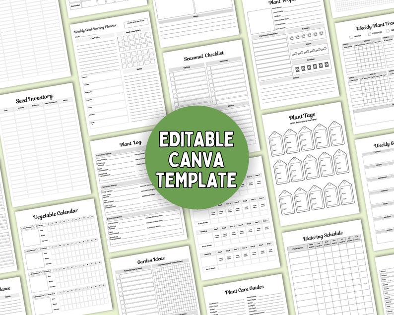 May include: A set of printable gardening planner templates for Canva. The templates include a seed inventory, vegetable calendar, plant log, plant tags, weekly plant tracker, watering schedule, plant care guides, seasonal checklist, and garden ideas.