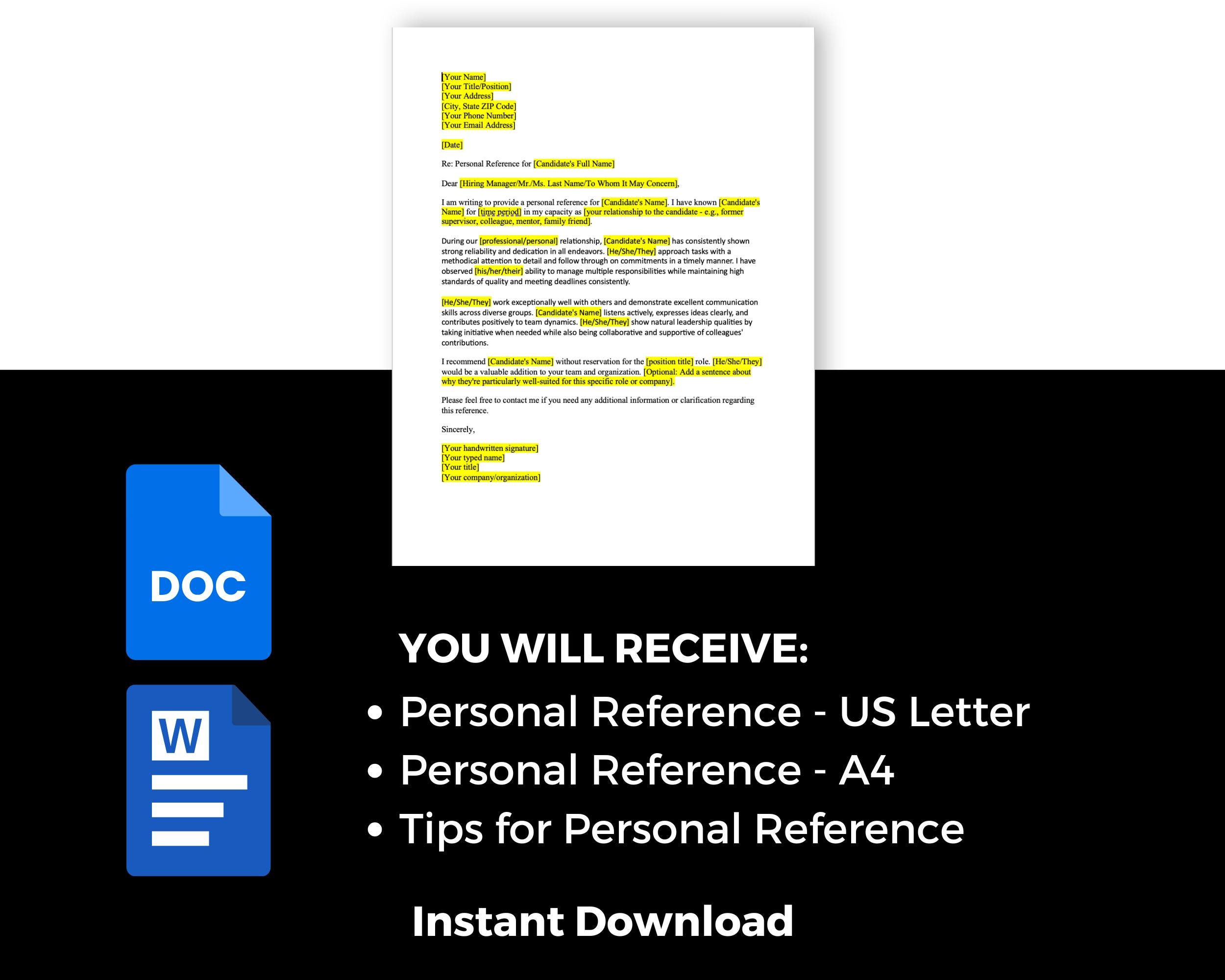 Personal Reference Letter Template, Editable Letter of Recommendation ...