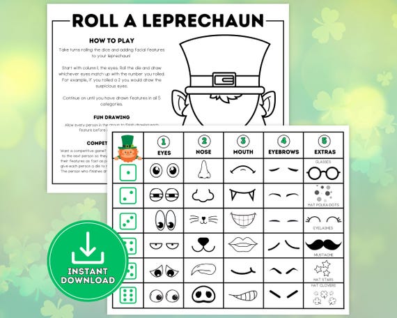 Roll a Leprechaun Game, Build a Leprechaun Printable, Draw a Leprechaun Classroom Activity for Kids, St. Patricks Day Activity Game for Kids