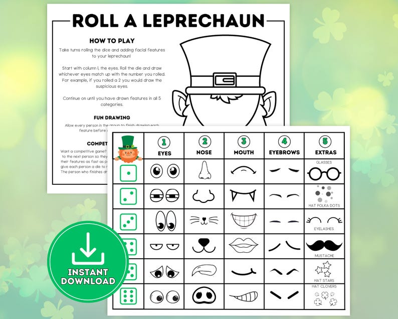 Roll a Leprechaun game layout with green shamrock background and instant download badge. Shows instruction sheet and feature selection grid with dice numbers matching facial feature options.