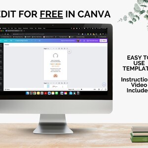 Screenshot of Canva editor interface showing a daycare parent handbook template being edited. Computer monitor displays "EDIT FOR FREE IN CANVA" with decorative eucalyptus leaves.