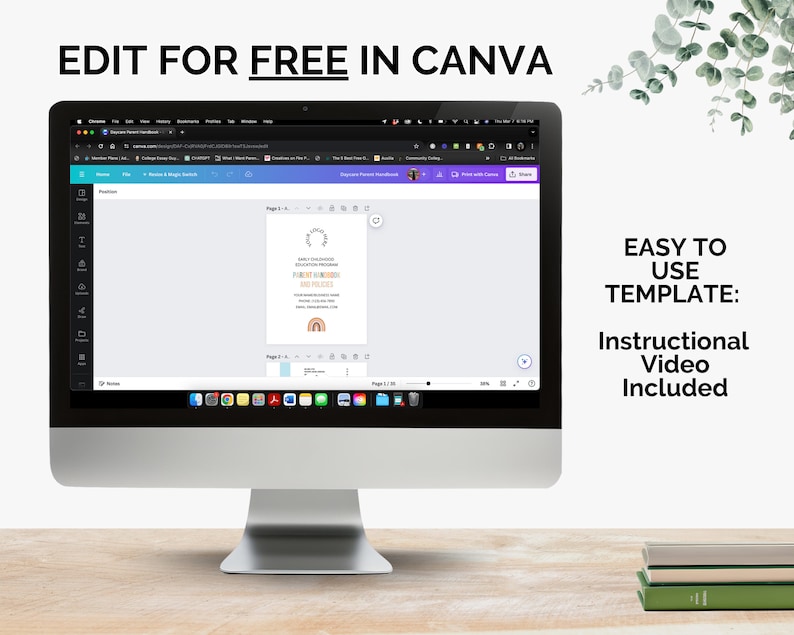 Screenshot of Canva editor interface showing a daycare parent handbook template being edited. Computer monitor displays "EDIT FOR FREE IN CANVA" with decorative eucalyptus leaves.