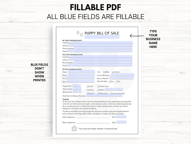 Puede incluir: Un formulario de venta de cachorro imprimible con campos azules rellenables. El formulario incluye secciones para la informaci&oacute;n del comprador y del vendedor, la informaci&oacute;n del cachorro, los t&eacute;rminos y las firmas. El formulario tiene un t&iacute;tulo que dice "Puppy Bill of Sale".
