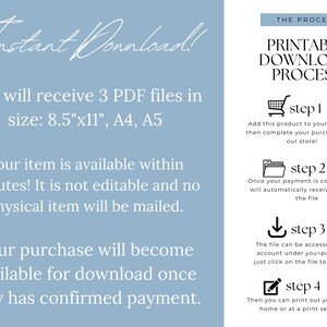 May include: A blue and white graphic with the text "Instant Download!" and instructions on how to download a printable PDF file. The file is available in three sizes: 8.5" x 11", A4, and A5.