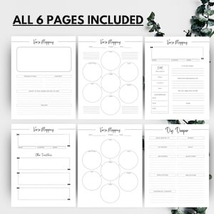 May include: A set of six black and white printable pages for verse mapping. Each page features different layouts with prompts for studying scripture, including sections for translations, context, and personal reflection. The text "ALL 6 PAGES INCLUDED" is at the top.