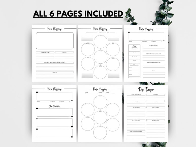 May include: A set of six black and white printable pages for verse mapping. Each page features different layouts with prompts for studying scripture, including sections for translations, context, and personal reflection. The text "ALL 6 PAGES INCLUDED" is at the top.