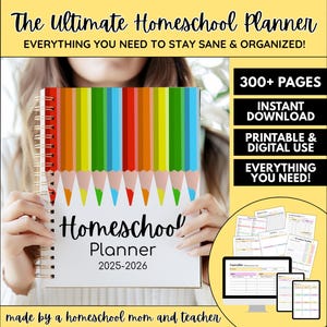 May include: A spiral-bound homeschool planner with a colorful pencil design on the cover. The planner includes the text "Homeschool Planner 2025-2026" and additional text stating "Everything You Need To Stay Sane & Organized!" and "300+ Pages".
