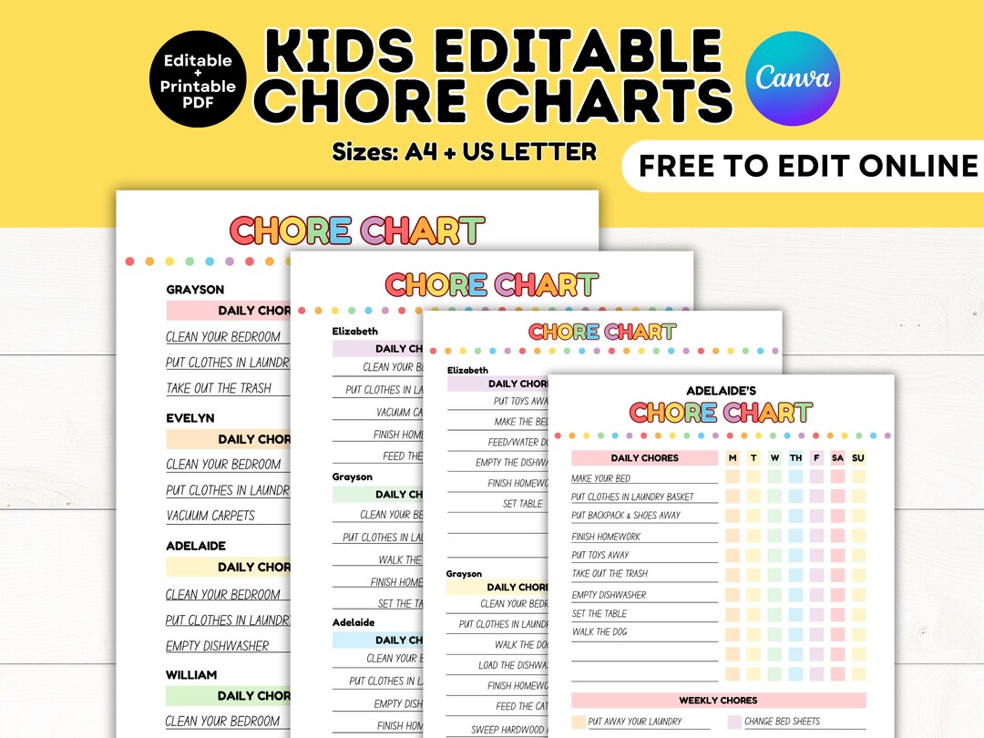 Editable Chore Chart for Kids, Multiple Kids Chore Chart, Kids Daily ...