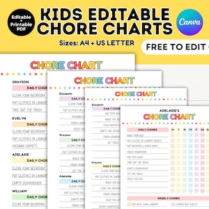 May include: Printable chore charts for kids with colorful borders and names like Grayson, Evelyn, Adelaide, and William. The charts include daily chores like cleaning bedrooms, putting clothes in the laundry, and taking out the trash. There is also a weekly chore chart with a grid for tracking chores.
