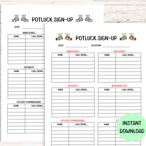Potluck Sign Up Sheet, Printable for Potluck Party, Sign Up For Potluck, What To Bring | Instant Download PDF A4 & US LETTER