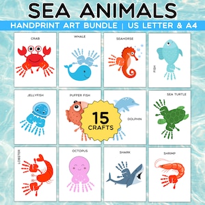 Sea Animals Handprint Art Bundle, Classroom Nursery Activity Card, Baby Toddler Child Handprint Art, DIY Keepsake, Printable Art for Kids