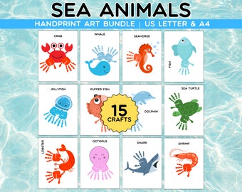 Sea Animals Handprint Art Bundle, Classroom Nursery Activity Card, Baby Toddler Child Handprint Art, DIY Keepsake, Printable Art for Kids