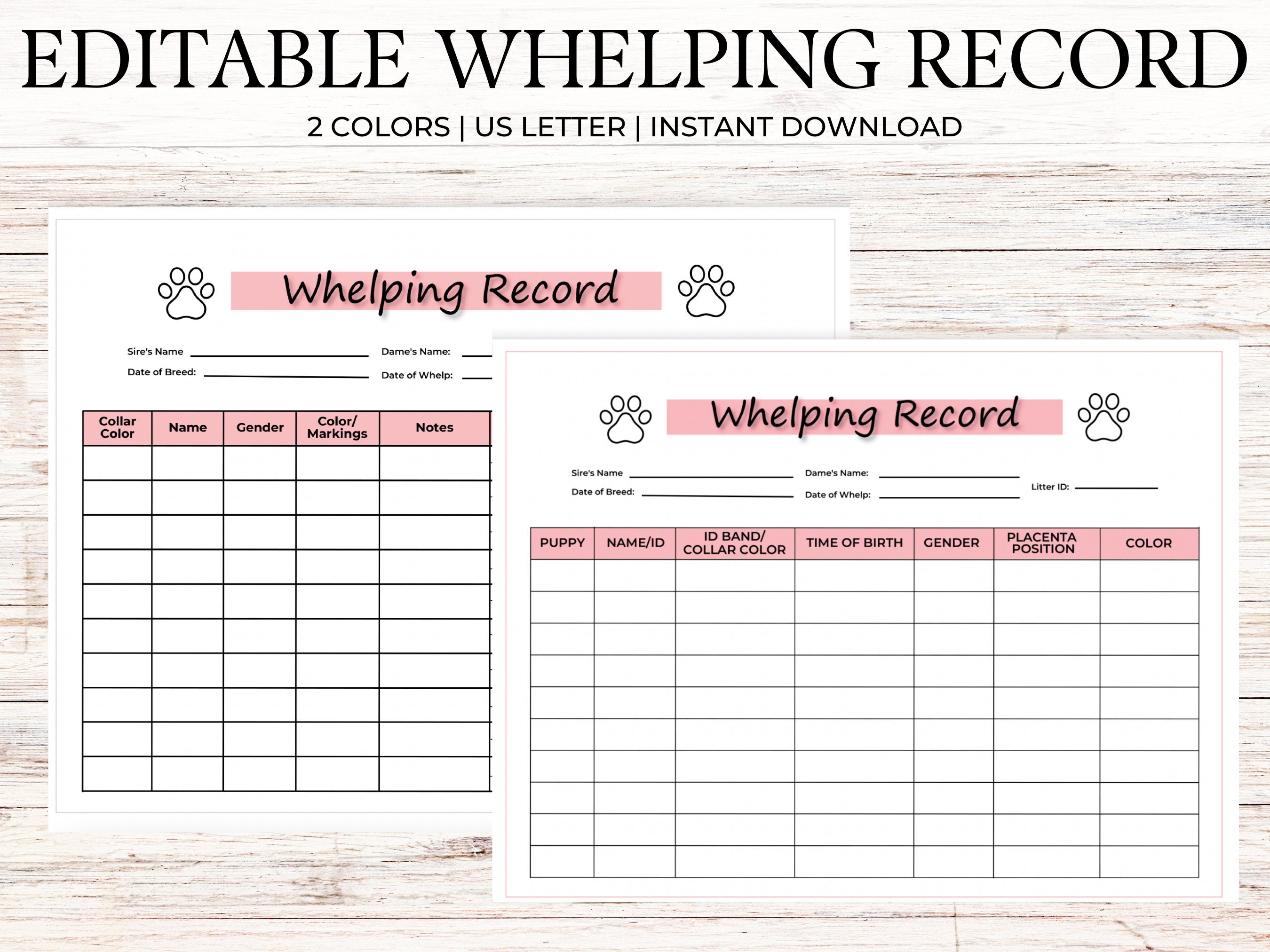 Dog Whelping Record Editable PDF, Breeder Records, Dog Breeder Forms Instant Download Etsy