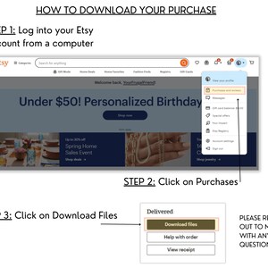 May include: A screenshot of an Etsy website showing how to download a purchase. The Etsy website is open on a computer screen. The Etsy website is showing a banner ad for personalized birthday gifts. The Etsy website is also showing a menu with options for purchases, messages, gift card balance, special offers, your impact, Etsy registry, account settings, and sign out. The Etsy website is also showing a button that says "Download Files".