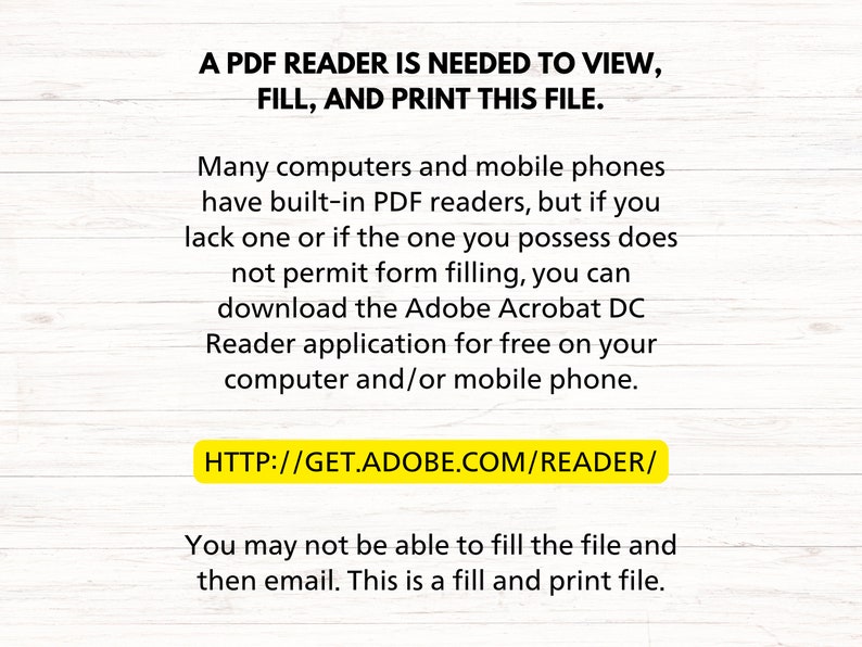 Puede incluir: Un mensaje de texto sobre un fondo de madera explica que se necesita un lector de PDF para ver, rellenar e imprimir el archivo. El mensaje tambi&eacute;n incluye un enlace para descargar Adobe Acrobat DC Reader de forma gratuita.