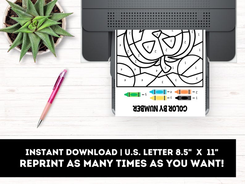 May include: Printable color by number activity sheet featuring a Halloween pumpkin design. The sheet is 8.5 inches by 11 inches and includes a color key with five different colors.