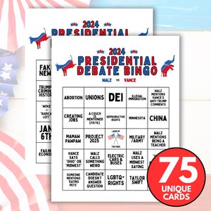 Tarjetas de bingo para el debate vicepresidencial de 2024, debate de Walz contra Vance, juego de fiesta para ver el debate electoral, juego de beber para el debate de vicepresidentes
