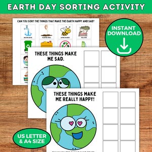 Könnte beinhalten: Earth Day Sortieraktivität zum Ausdrucken für Kinder. Der Ausdruck zeigt zwei Erd-Illustrationen, eine mit einem traurigen Gesicht und die andere mit einem fröhlichen Gesicht. Der Ausdruck enthält den Text "Diese Dinge machen mich traurig." und "Diese Dinge machen mich richtig glücklich!"