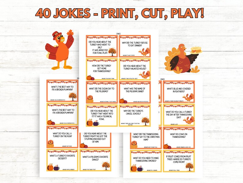 K&ouml;nnte beinhalten: Ein Set mit 40 Thanksgiving-Themenscherzkarten mit einem Cartoon-Truthahn. Die Karten sind auf wei&szlig;em Karton mit gelbem Rand gedruckt und zeigen verschiedene Thanksgiving-Motive. Die Karten sind perfekt, um deiner Thanksgiving-Feier etwas Spa&szlig; zu verleihen.