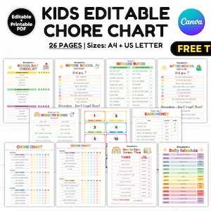 Editable Chore Chart for Multiple Kids, Kids Daily Routine Responsibility Chart Bundle, Editable Reward Tracker, Kids Allowance Job Chart