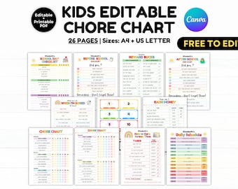 Editable Chore Chart for Multiple Kids, Kids Daily Routine Responsibility Chart Bundle, Editable Reward Tracker, Kids Allowance Job Chart