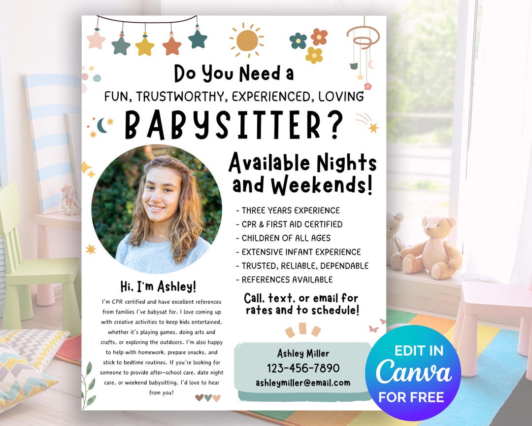 Editable Babysitting Flyer Template Minimalist About Me Printable