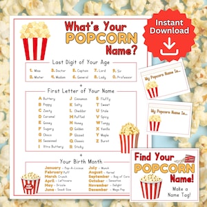 What's Your Popcorn Name Game, Popcorn Name Generator Party Game, Movie Night Activity, Printable Name Tags + SIGN, Baby Shower Ice Breaker