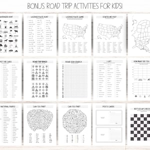 Puede incluir: Un conjunto de 12 hojas de actividades de viaje por carretera para ni&ntilde;os, imprimibles en blanco y negro. Las hojas incluyen actividades como b&uacute;squedas del tesoro, juegos de placas de matr&iacute;cula, bingo y yo veo.