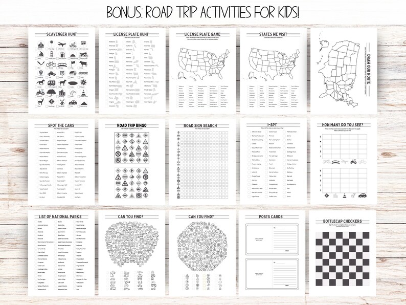Puede incluir: Un conjunto de 12 hojas de actividades de viaje por carretera para ni&ntilde;os, imprimibles en blanco y negro. Las hojas incluyen actividades como b&uacute;squedas del tesoro, juegos de placas de matr&iacute;cula, bingo y yo veo.
