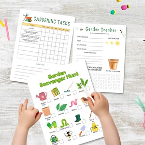 May include: A set of printable garden themed activity sheets for kids. The sheets include a gardening task checklist, a garden tracker, and a garden scavenger hunt.