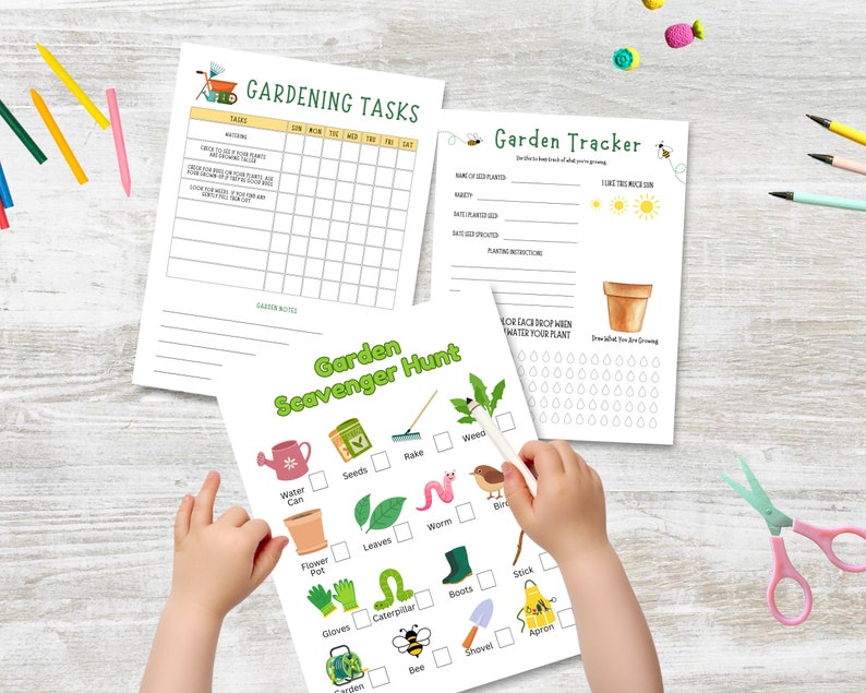 May include: A set of printable garden themed activity sheets for kids. The sheets include a gardening task checklist, a garden tracker, and a garden scavenger hunt.