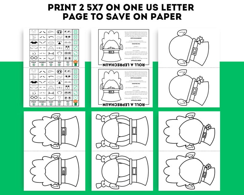 Layout showing how to print two 5x7 game cards on one US Letter page to save paper. Features leprechaun face template grids and outline drawings arranged efficiently on page.