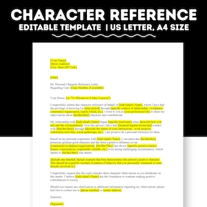 Plantilla de carta de recomendación personal, carta judicial editable, carta de recomendación personal, carta de apoyo personal, descarga de documento legal