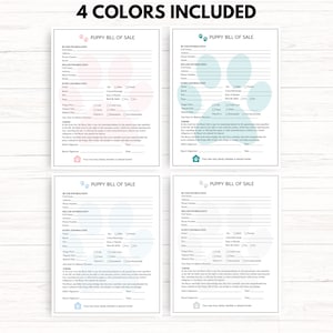 Puede incluir: Cuatro formularios imprimibles de venta de cachorros con huellas de patas en rosa, azul y verde. Los formularios incluyen secciones para la informaci&oacute;n del comprador, la informaci&oacute;n del vendedor, la informaci&oacute;n del cachorro y los t&eacute;rminos.