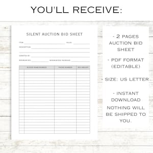 Printable Silent Auction Editable Template, Fundraiser Bid Sheet ...