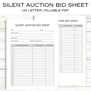 Printable Silent Auction Editable Template, Fundraiser Bid Sheet, Silent Auction Forms, Silent Auction Bid Sheet Editable