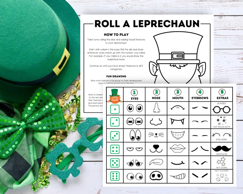 St. Patrick's Day themed chart with easy to print US Letter & 5x7 size options. Shows grid of facial features including eyes, noses, mouths, and extras for creating leprechaun faces, with scissors for cutting.