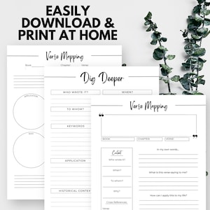 May include: White printable verse mapping pages with the text "EASILY DOWNLOAD & PRINT AT HOME". The pages include sections for book, chapter, verse, and prompts like "Who wrote it?" and "Dig Deeper".